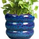 SQOWL Ceramic Planter Pot - 8 Inch Plant Pot Indoor with Drainage Hole Round Outdoor Pot for Plants Decorative Flower Pots Round Planter for Home Room Decor Blue