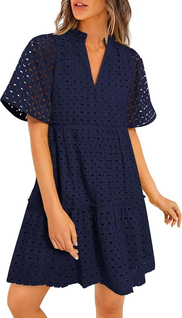 PRETTYGARDEN Eyelet Dresses for Women 2026 Summer Short Sleeve V Neck Hollow Out Ruffle A Line Boho Beach Vacation Mini Dress Large