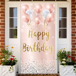 Pink Rose Gold Happy Birthday Door Banner Backdrop Decorations for Women Girls, Happy Birthday Party Door Cover Sign Background Supplies for 16th, 21st, 30th, 40th, 50th, 60th Birthday
