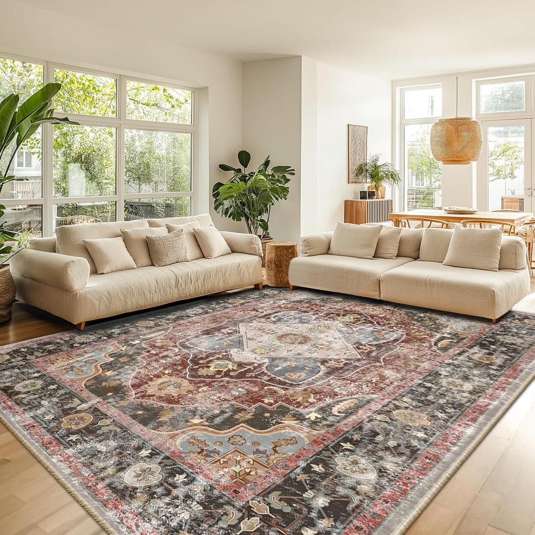 8x10 Area Rug Vintage Machine Washable Low Pile Carpet No Shedding Area Rugs for Living Room Bedroom Dining Room Kitchen Entryway Hallway Office Indoor-Red/Pink/Green