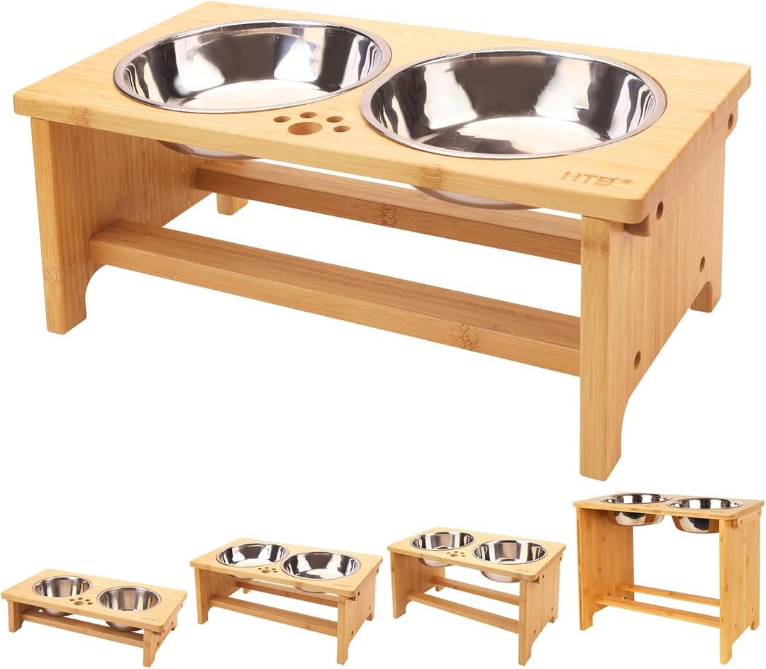 HTB Elevated Dog Bowls,Raised Dog Bowl Stand with 2 Stainless Steel Bowls,Elevated Raised Dog Bowls for Large Medium Small Sized Dogs (Bamboo)