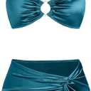 Ruched 3 Piece Swimsuits for Women Ribbed Velvet Bikini Sets with Sarong Coverup Metal Ring Bathing Suit (Blue, S)