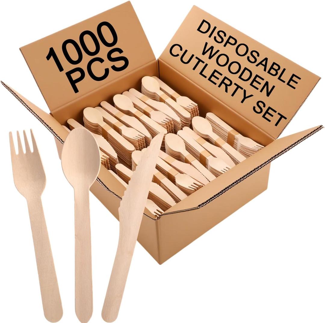 1000 Pieces Disposable Wooden Cutlery Set Include 300 Spoons 400 Forks 300 Knives Compostable Disposable Utensils Knives Forks Spoons Set for Wedding Party Camping