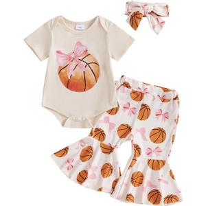 Newborn Baby Girl Summer Clothes Basketball Bow Short Sleeve Romper Tops Bell Bottom Pants Headband 3Pcs Set (Khaki, 0-3 Months)
