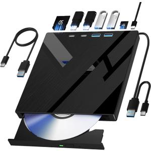 7 in 1 External CD/DVD Drive for Laptop, Portable DVD Player for Laptop with SD/TF Port, External DVD Drive with USB 3.0/Type C, CD Drive USB for PC Windows Linux