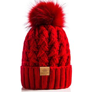 PAGE ONE Womens Winter Ribbed Beanie Crossed Cap Chunky Cable Knit Pompom Soft Warm Hat (Red)