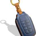 Leather Key Fob Cover, Compatible with Toyota Tundra Corolla Cross Venza Sequoia Highlander Avalon RAV4 Camry C-HR Prius, No Screw Design Key Holder Protector(4 Button, Blue)