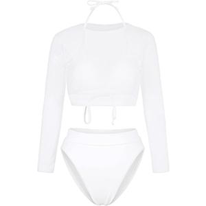Kisscynest Women's Push up Pad Long Sleeves Shirt 3pcs Bikini Sets Swimwear White XL