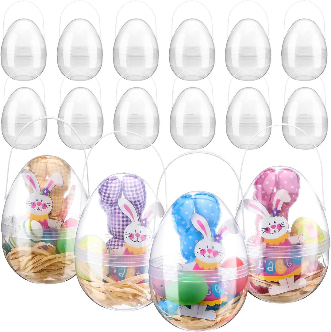 12 Pcs Easter Transparent Jumbo Plastic Easter Eggs 8 Inches Jumbo Fillable Easter Eggs with Handles Giant Plastic Egg Giant Clear Egg Shaped Buckets with Handles for Egg Hunt Surprise DIY