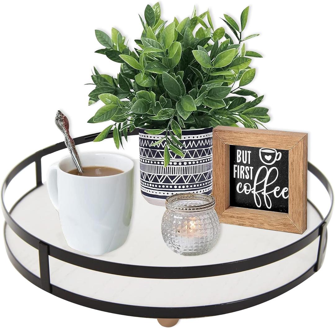 Defined Deco 12in Round Decorative Serving Tray with Metal Handle - Rustic Wooden Tray for Home, Living Room, Coffee Table Decor (White)