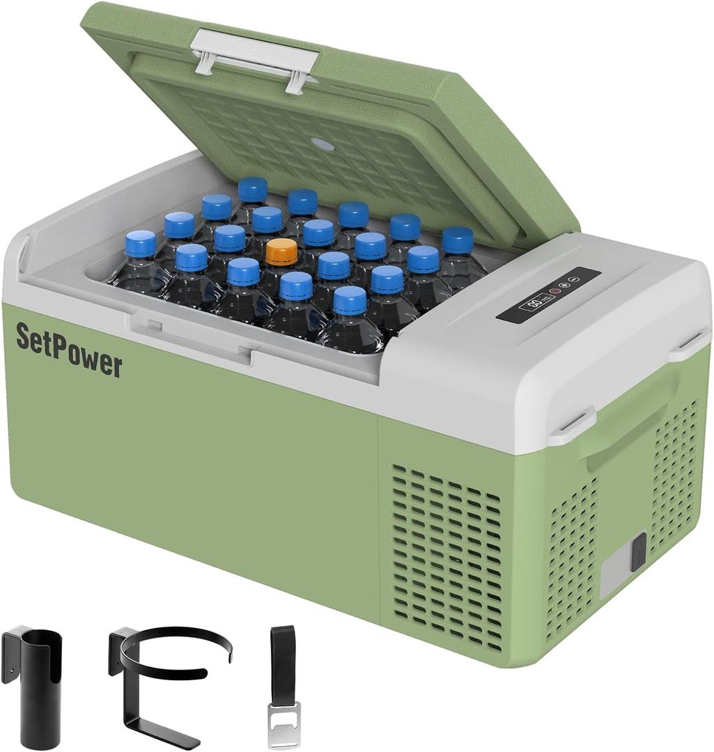 Setpower FC15 Portable 12v Refrigerator, -4-68 Fast Cooling Car Refrigerator, 15L/15.8Qt Car Fridge Portable Freezer with 12/24V DC & 110/240V AC, Electric Cooler (Green, 15L With AC Adapter) (16QT(3 years))