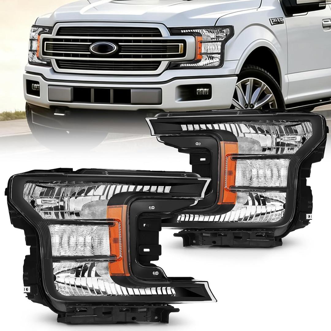 JFN Headlight Compatible with 2018-2020 Ford F-150 Driver and Passenger Side (Black Housing with Amber Reflector)