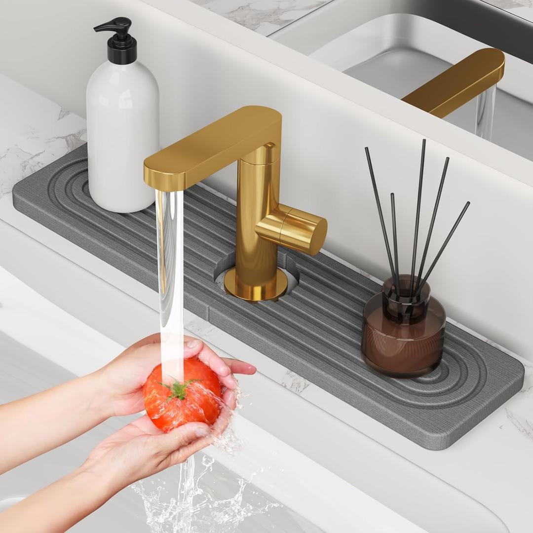 Stone Quick Dry Faucet Mat for Kitchen Sink [Diatomite Super Fast Drying] Stone Faucet Mat for Kitchen Sink Splash Guard Sinks Stones Quick Dry around Faucets Stones Drying Bathroom Quick Stones Mat (15.8" x 4", Dark Gray)