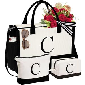 YOOLIFE Mothers Day Gifts - Initial Canvas Tote Bag & Makeup Bag, Birthday Gifts for Women Mom Sister Friends