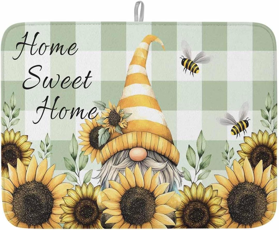 Dish Drying Mat for Kitchen, Farmhouse Dwarf Sunflower Bee Green Buffalo Plaid Absorbent Kitchen Counter Mat, Dish Drying Pad for Dishes, Utensils, Pots and Camping, 18"x24"(1 Panel)
