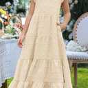 HOSIKA Girls Maxi Dress Boho Swiss Dot A-Line Tiered Casual Party Dresses (Beige)