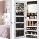 SONGMICS Mirror Jewelry Cabinet Armoire Organizer, Wall or Door Mount Storage Cabinet with Full-Length Frameless Lighted Mirror, Built-in Makeup Mirror, 2 Drawers, Lockable, White UJJC013W01