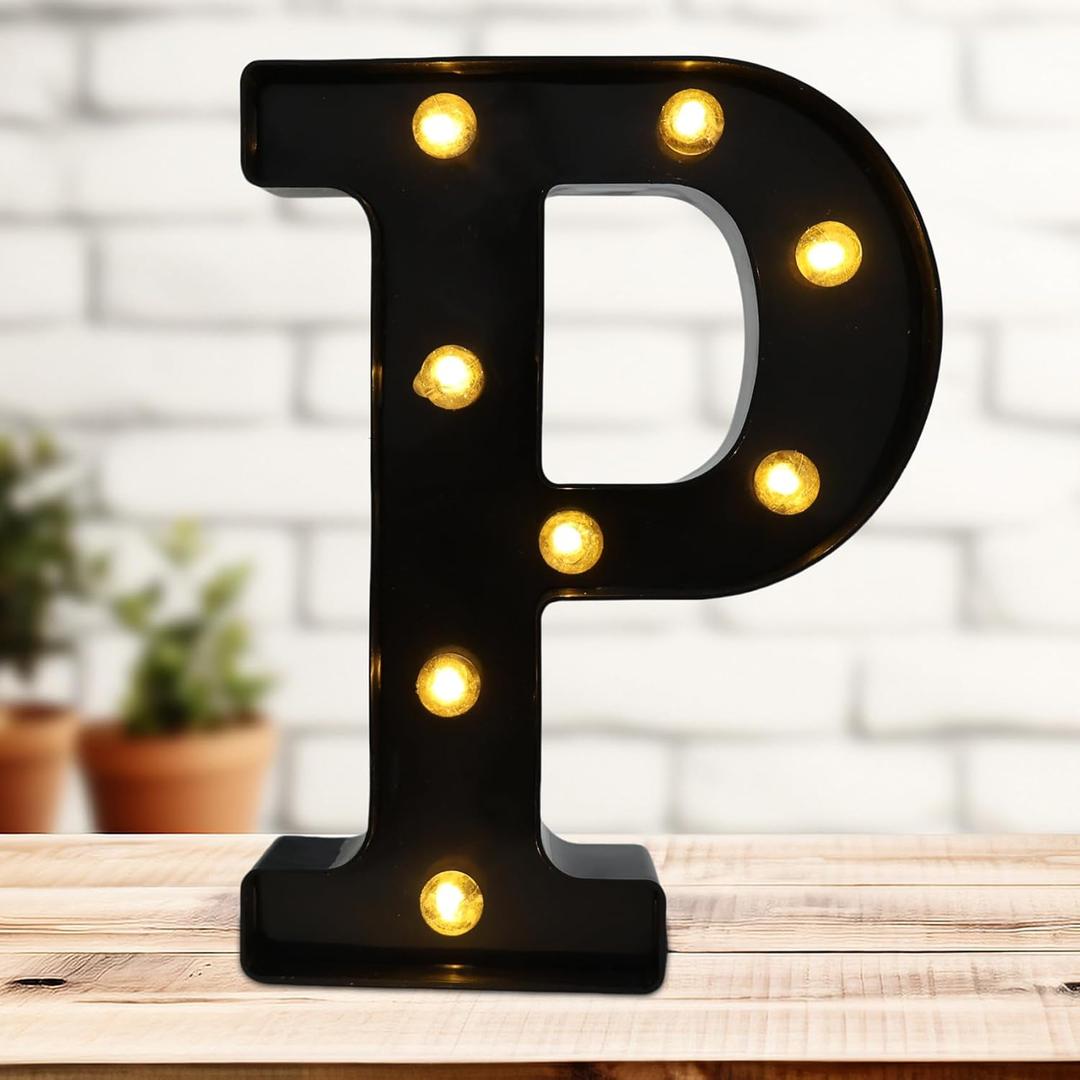 Led Marquee Letters, 8.58 Inch Black Light Up Letters, Small Led Letter Lights, Battery Powered Lighted Letter for Table, Party, Birthday, Christmas Decor (Black, Letter P)