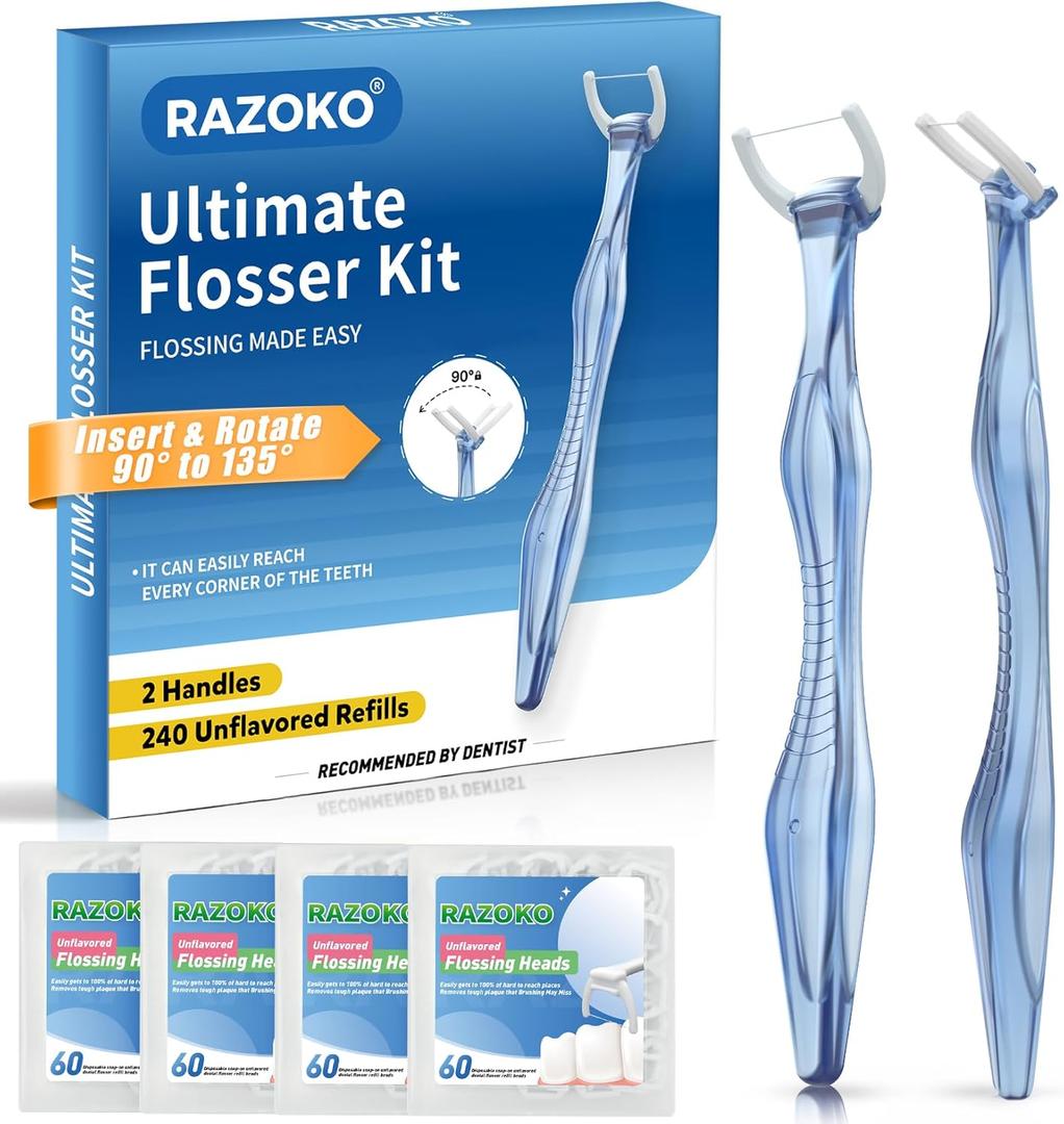 RAZOKO Flosser Kit, Shred-Resistant, Insert & Rotate 90 to 135 for Hard-to-Reach Areas, PTFE & PFAS Free, 2 Handles + 240 Refill Heads, Blue