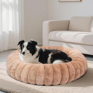 Donut Dog and Cat Bed, Luxurious Comfortable Faux Rabbit Fur Pet Beds, Round Anti-Anxiety Calming Puppy Kitten Bed with Anti-Slip Bottom for Small Medium Dogs & Cats(25", Brown) (L(31*31*8))