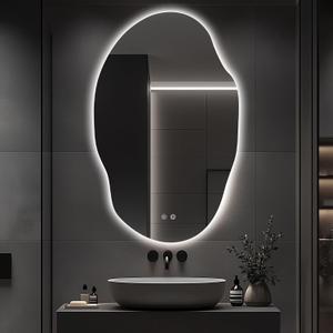 Asymmetrical LED Bathroom Mirror with Lights,Irregular Led Bathroom Vanity Mirror for Wall with Backlit, Anti Fog, 3 Colors and Dimmable Light,[Horizontal/Vertical] 48" H x 30" W (Clear)