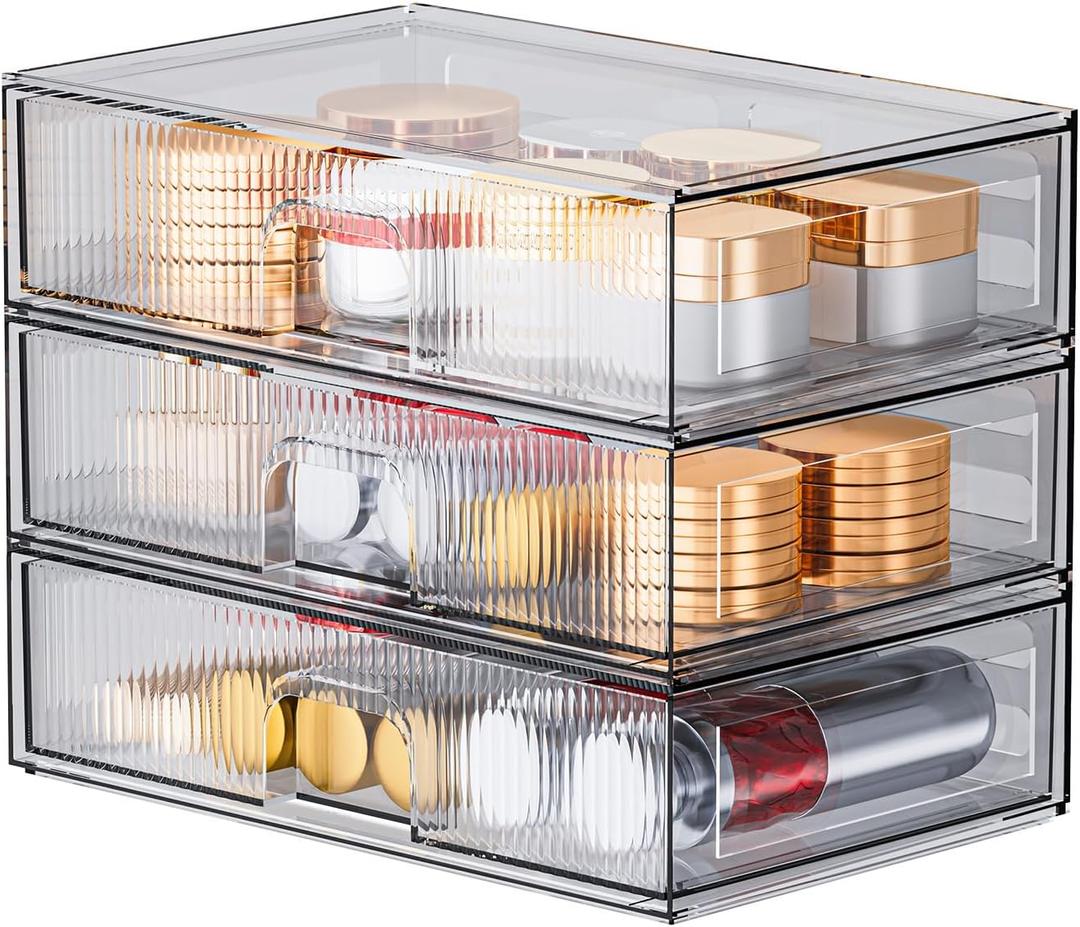 ZHIAI Stackable Storage Drawer, 3 Piece Acrylic Organiser for Cosmetics and Beauty Products, Suitable for Dressers, Bathrooms, Cabinets, Storage Rooms, Bedrooms and Home Organisers
