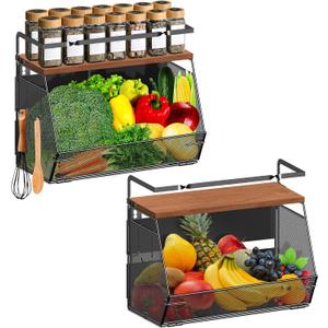Homecor Magnetic Shelf for Fridge - Fruit Basket and Vegetable Storage with Wood Lid, Large Pantry Kitchen Organizers and Storage, Magnetic Spice Rack for Refrigerator, Kitchen Counter, 2 pack
