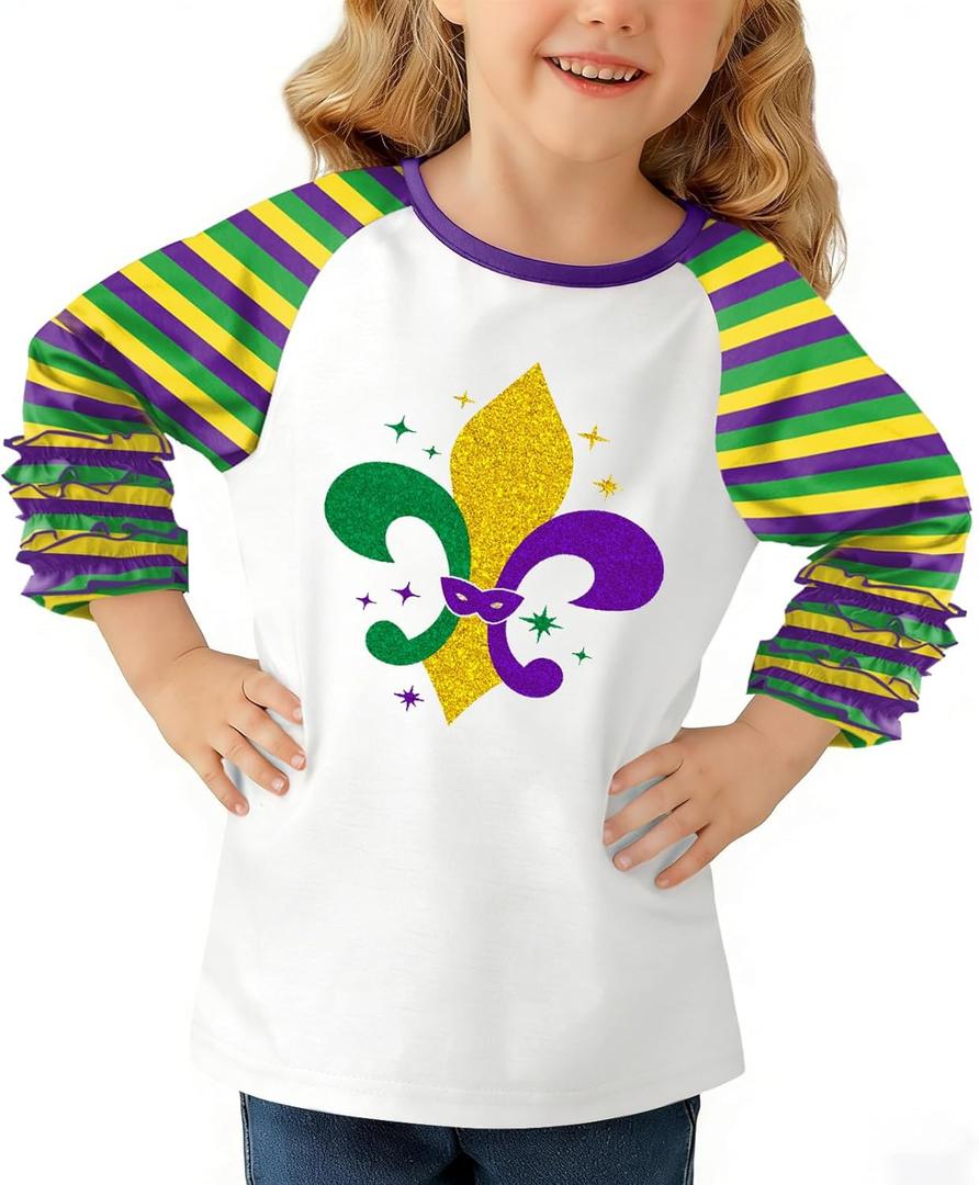 BesserBay Girls Valentines Day Heart 3/4 Sleeve Shirt Mardi Gras Ruffle Raglan Stripe Top 4-10 Years