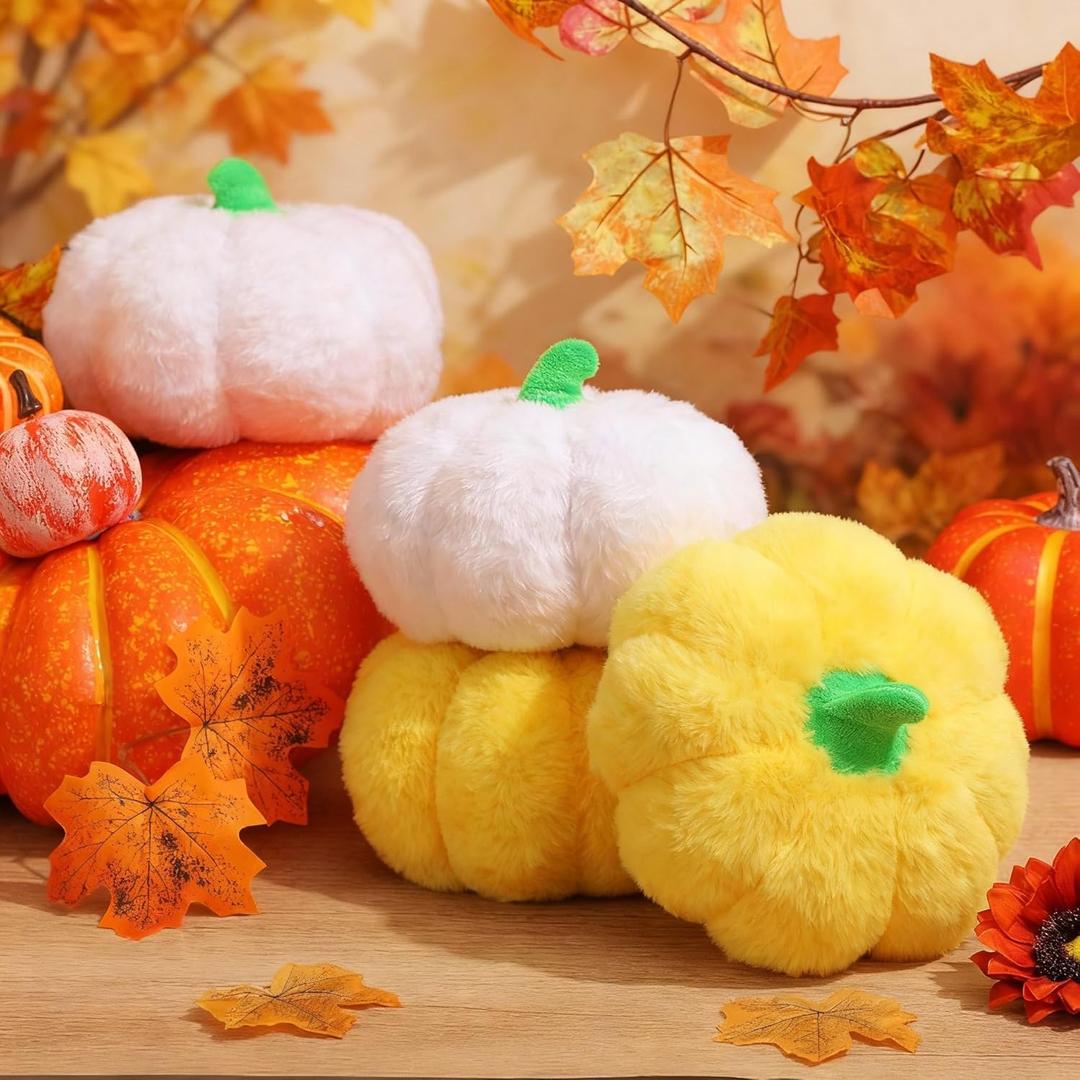 4 Pcs Pumpkin Stuffed Animals Pumpkin Toys Plush for Kids Food Plush Vegetable Toys Throw Pillows 6.3 Inches Fluffy Gifts for Collectors Birthday Party Decor Home(White,Yellow)