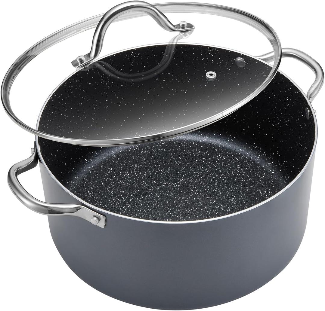 BEZIA 8 Quart Cooking Pot, Large Non Stick Induction Stock Pots with Lid, All Stove Compatible, 8 QT Aluminum Soup/Stew Pot For Families of 35, Grey