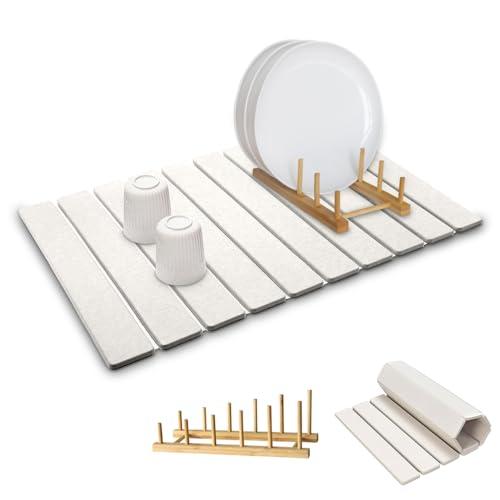 Large Stone Dish Drying Mat for Kitchen Counter,Equipped Dish Rack, Diatomaceous Earth Material, Foldable and Super Absorbent Dish Drying Pad Suitable for Tableware, Bottles and Cup (White, 24×16 IN)