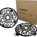 2pcs Heavy Duty Cast Iron Flowerpot Holder Plant Caddy 11 inch, Flower Stand Round Planter Holder with 4pcs 360 Caster Wheels - Rustic Dark Brown