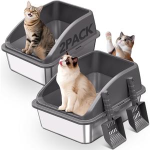 KITCATY 2PACK Stainless Steel Cat Litter Box, 20" L x 13.8" W x12 H Metal Kitty Litter Box with Lid, Never Absorbs Odors, Leak-Proof, Non-Sticky, Easy to Clean, with Scoop