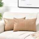 Fancy Homi 2 Packs Tan Long Lumbar Waterproof Faux Leather Decorative Throw Pillow Covers 14x24 Inch for Outdoor Couch Bed, Beige Hand Stitched Cushion Case 35x60 cm, Taupe Modern Farmhouse Home Decor