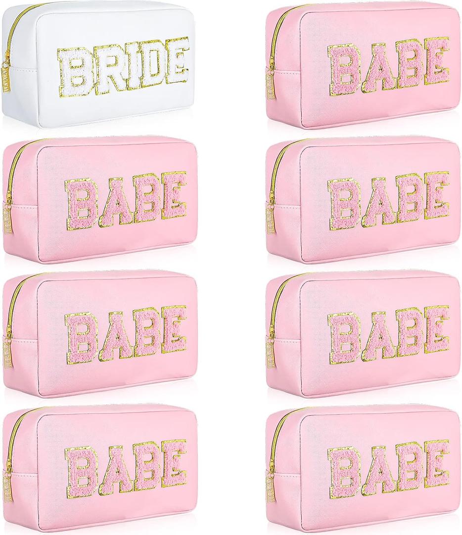 Mixweer 8 Pcs Bridesmaid Cosmetic Bags Bulk Bridesmaid Proposal Gift Embroidered Letter Patch Bride Bachelorette Makeup Bags Travel Pouch Wedding Party Favor for Bridal Shower(White and Pink)