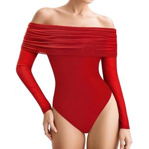 MANGOPOP Women's Off The Shoulder Long Sleeve Bodysuit Sexy Sheer Mesh Top Double Lined Body Suits Fall Outfit 2025 Red M