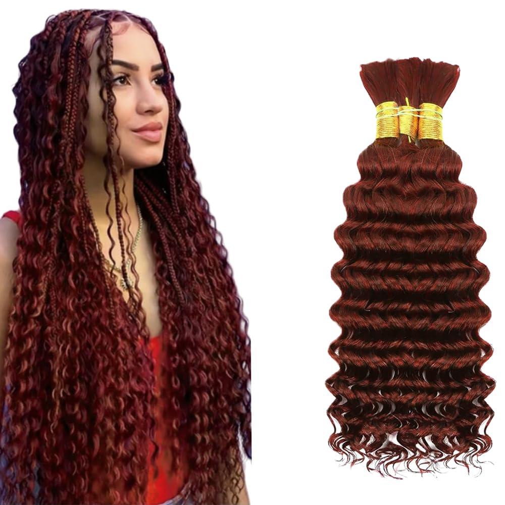#33 Reddish Brown Human Braiding Hair Copper Red Deep Wave Bulk 14 14 14 Inch Brazilian Virgin Hair Auburn Brown Deep Curly Braiding Hair Extensions 3 Bundle 150g