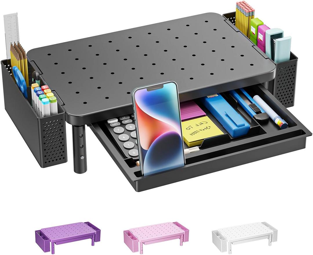 WALI Computer Monitor Stand with Storage, Desk Organizer with Drawer and Pen Holder, Desk Monitor Riser 3 Height Adjustable, Laptop Riser for Computer, Laptop, Printer(PTT003-B), 1 Pack, Black