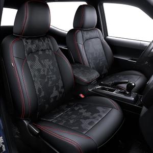 Leather Seat Covers Custom Fit for Tacoma Gen 3rd Double & Crew Cab (2016-2023) - Fully Covered - Fit Like a Glove - Center Console Armrest Covers Included - CamoBlack-Red Stitching