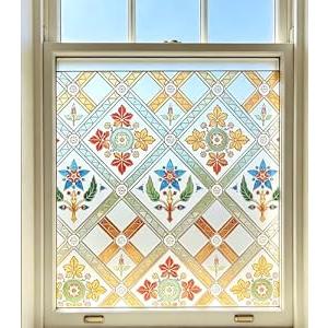 Coavas Stained Glass Window Film Decorative Privacy Cling for Home Bathroom & Front Door, 3D Floral Design, UV Blocking, Heat Control, Non-Adhesive, Reusable, Yellow, 23.6" x 35.4"