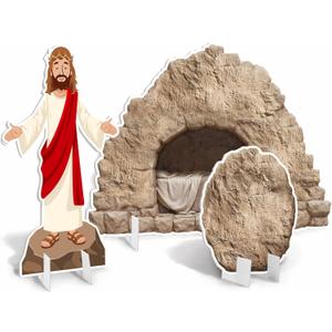 BreezeHug Easter Empty Tomb Display Life Size Include Rock Roll Away Cardboard Cutout Standup and Jesus Stand Up Religious Backdrop Photo Props for Church Sunday School Vbs He is Risen Party Decor