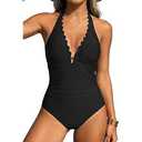Aidonger Women's One Piece Halter Swimsuit Tummy Control Ruched Slimming Bathing Suit Scalloped Swimwear, black, meduim