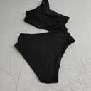 Women's One Piece Ribbed Swimsuit One Shoulder Cutout Swimwear Sexy Bathing Suit (Small, Black)