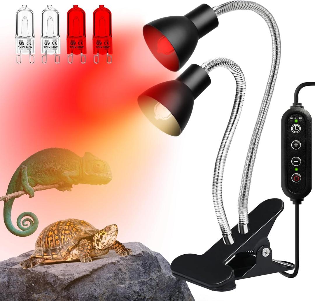 Heat Lamp for Reptile,UVA UVB Light for Turtle, Bearded Dragon Basking Light Bulbs, Dimmable 360 Gooseneck UV Heating Lamp W/ G9 Mini Halogen Bulbs 60W (White*2Red*2) for Tortoise/Snake/Lizard