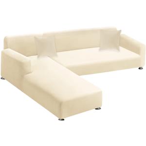 Sectional Couch Covers 2-Piece Softness L Shaped Sofa Cover Super Stretch L-Type Couch Slipcover with 2Pcs Pillowcases Sofa Slipcover 3 Seater + 3 Seater Furniture Protector (Cream White)