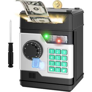 Piggy Bank, Automatic Electronic Piggy Bank for Kids Boys Girls with Password and Fingerprint Unlocking Simulation, Money Bank Kids Safe Toys for 3 4 5 6 7 8 9 10 Year Old Boy Girl (Black)