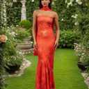 Women Floral Strapless Maxi Dress Sexy Backless Flowy Bodycon Tube Long Dress with Scarf (Red, L)