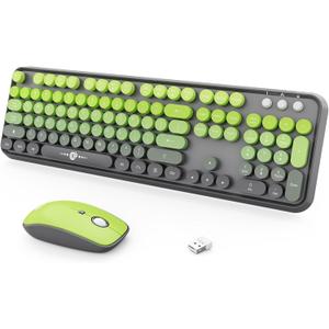 Wireless Keyboard and Mouse Combo, 2.4GHz Colorful Keyboard Cute Typewriter Full-Size Retro Creamy Keyboard and Mouse Set for Desktop Laptop PC Computer (105 Keys Matcha Green)