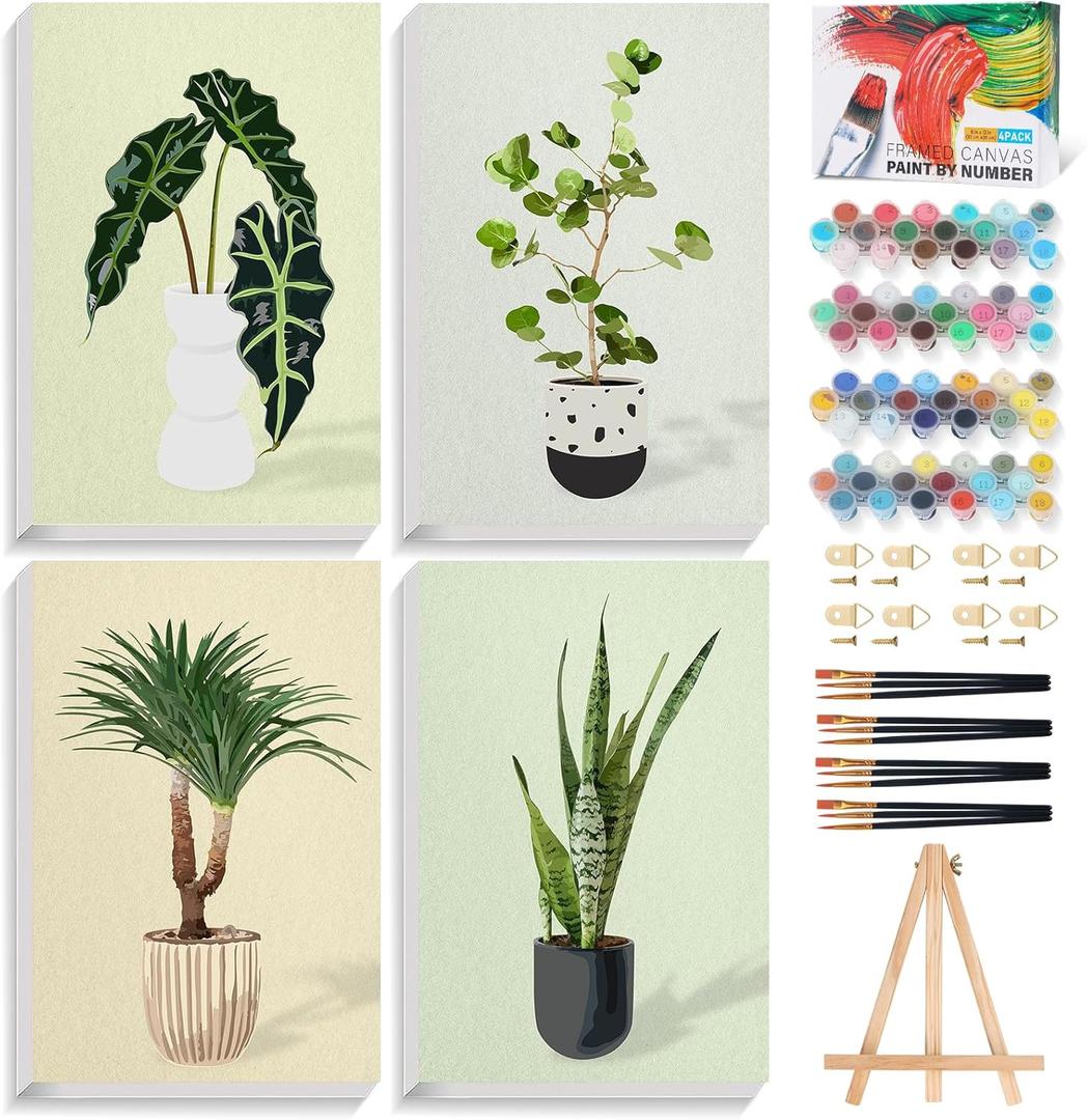 Fountor 4 Pack Framed Paint by Numbers Kit for Adults Beginners with Wooden Easel, DIY Green Plant Paint by Number Kit with Frame, Simple Plants Painting by Numbers for Home Wall Decor, 8x12 inch (LOP-4P-501)