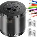 Heavy-Duty Electric Pencil Sharpener USB and Battery Power 4 Replacement Blades 4-Hole Adjustable for 6-12mm Art Pencils Large Capacity Automatic Pencil Sharpeners Black